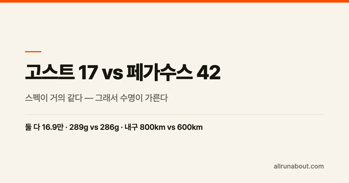 고스트 17 vs 페가수스 42 차이 — 스펙이 거의 같다, 그래서 수명이 가른다 | 800km vs 600km