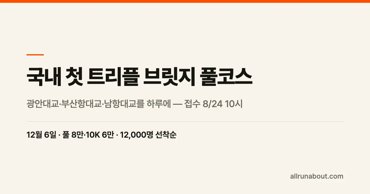 국내 첫 트리플 브릿지 풀코스 — 부산브릿지마라톤 2026 접수 8월 24일 10시 시작 | 광안대교·부산항대교·남항대교를 하루에 다 건넌다