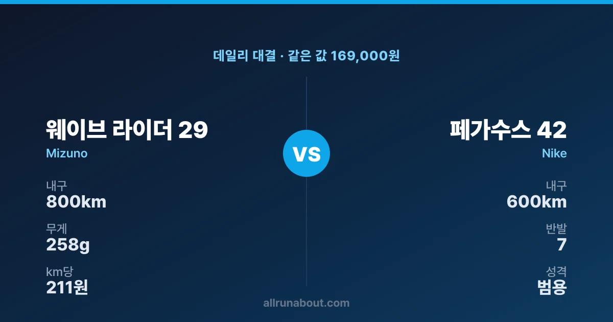 미즈노 웨이브 라이더 29 vs 나이키 페가수스 42 — 같은 값 17만원, 내구냐 반발이냐
