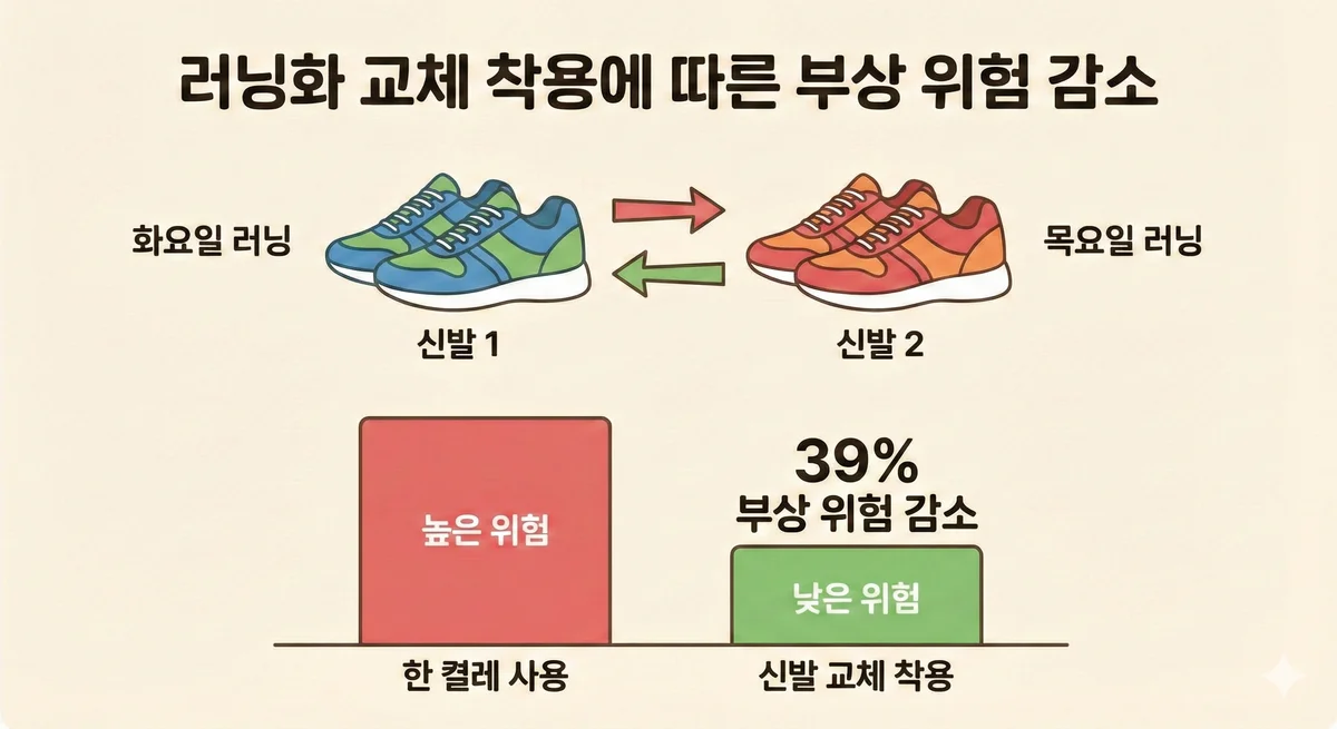 러닝화 교체 착용에 따른 부상 위험 39% 감소. 한 켤레만 사용하면 높은 위험, 여러 켤레를 번갈아 신으면 낮은 위험.