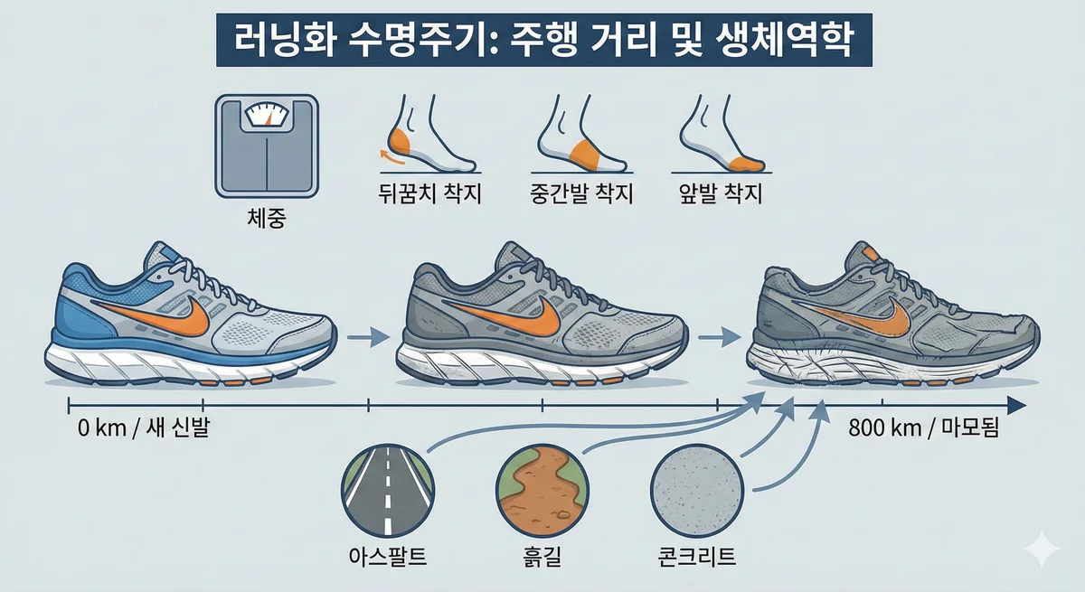 러닝화 수명주기: 0km 새 신발에서 800km 마모까지의 변화 과정. 체중, 착지 유형, 노면이 수명에 영향을 미칩니다.