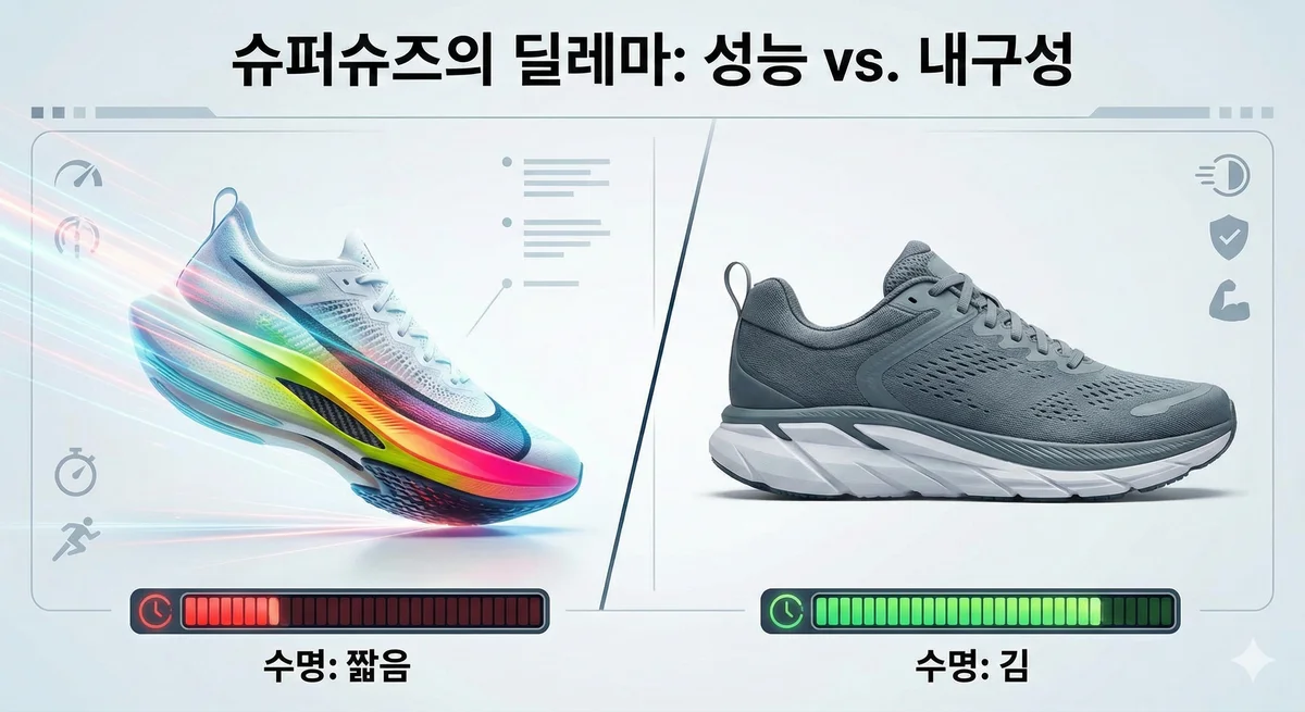 슈퍼슈즈의 딜레마: 성능 vs 내구성. 레이싱화는 수명이 짧고, 트레이닝화는 수명이 길다.