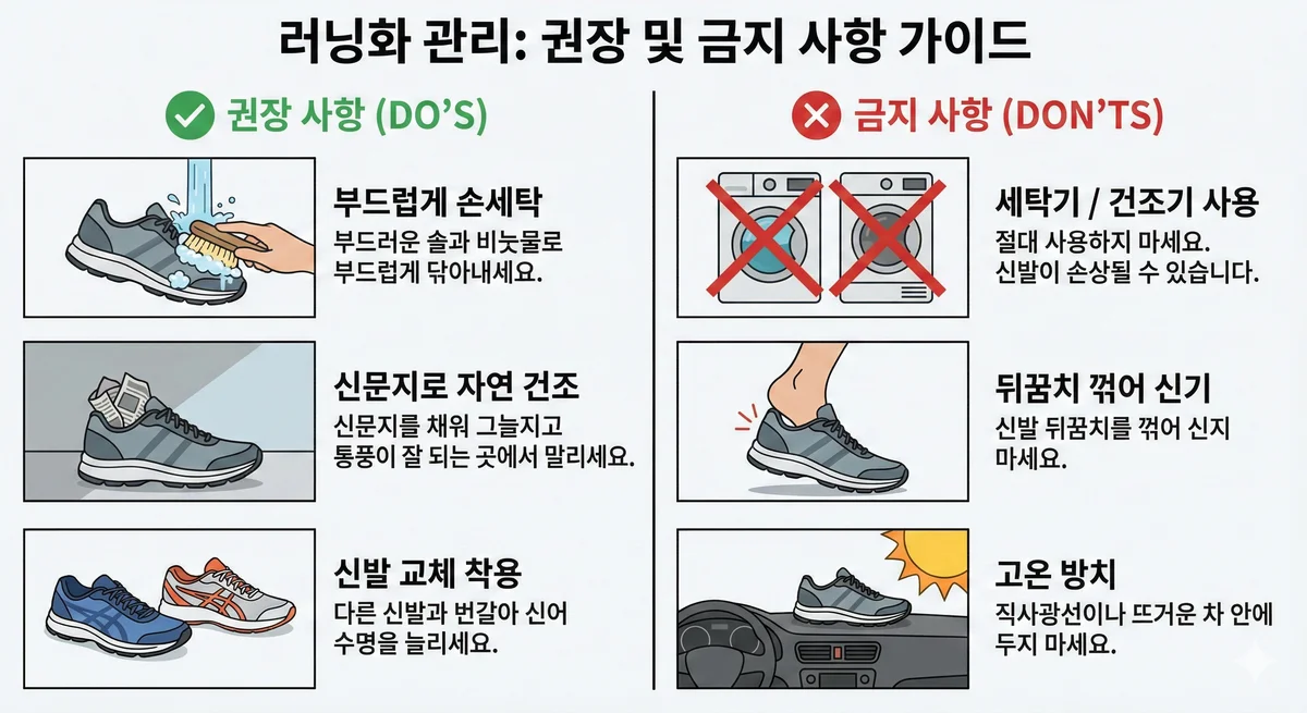 러닝화 관리: 권장 사항(부드럽게 손세탁, 신문지 자연 건조, 신발 교체 착용)과 금지 사항(세탁기/건조기 사용, 뒤꿈치 꺾어 신기, 고온 방치)