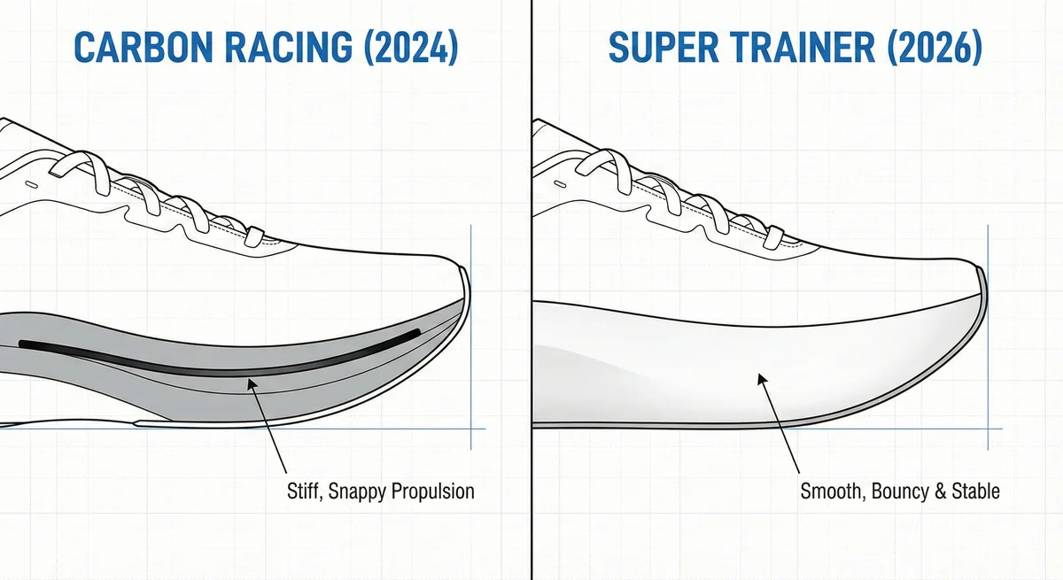 카본 레이싱화(2024) vs 슈퍼 트레이너(2026) 비교: 딱딱한 추진력에서 부드럽고 안정적인 바운스로