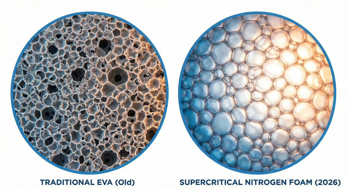 전통 EVA 폼 vs 초임계 질소 폼(2026) 미세구조 비교: 불균일한 기포에서 균일하고 미세한 기포로