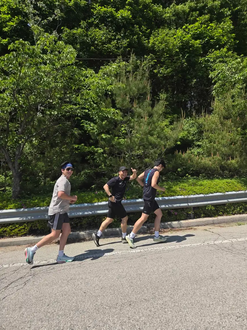 짙은 초록 숲을 끼고 언덕을 오르는 세 사람