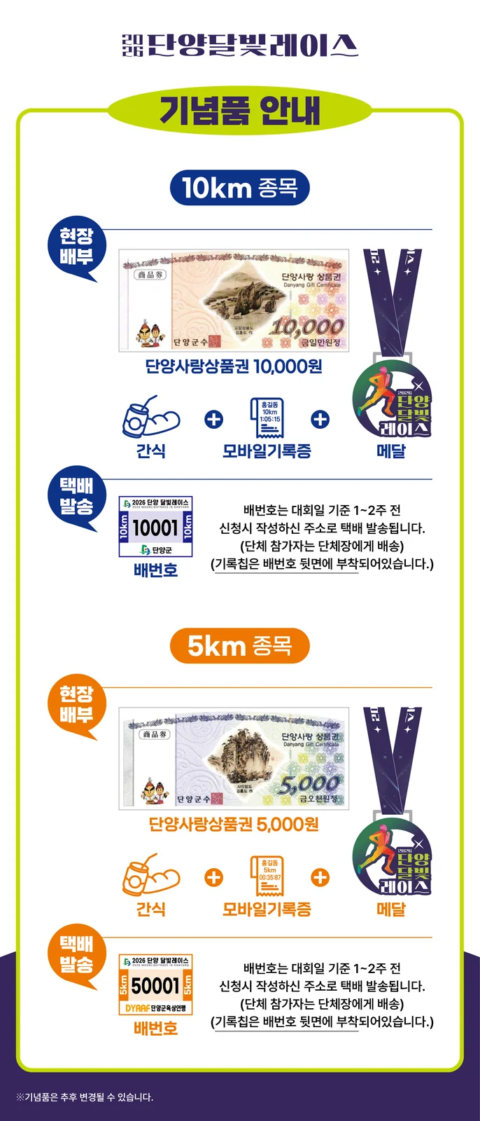 2026 단양 달빛레이스 공식 기념품 안내 — 종목별 상품권·메달·배번호